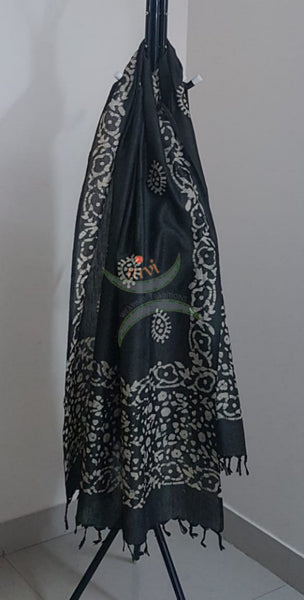 Black hand printed silk blend batik dupatta