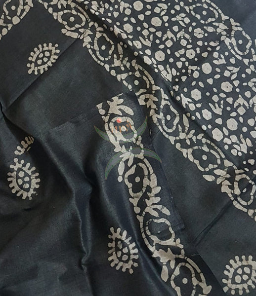 Black hand printed silk blend batik dupatta