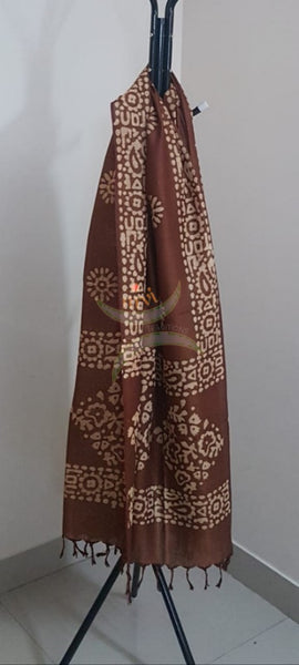 Brown hand printed blend silk batik dupatta