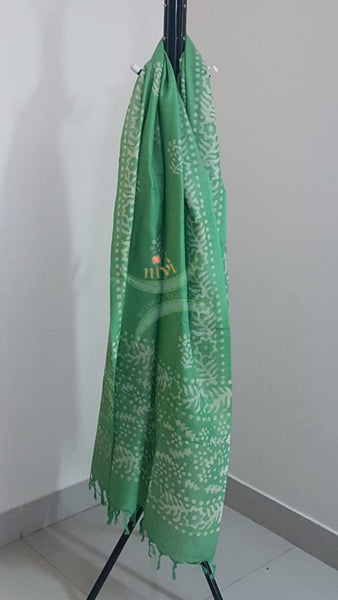 Green hand printed silk batik dupatta