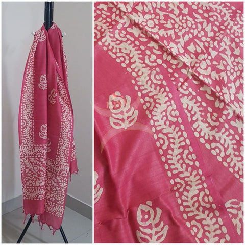 Pink hand printed  silk blend batik dupatta