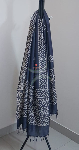 Navy blue hand printed silk blend batik dupatta