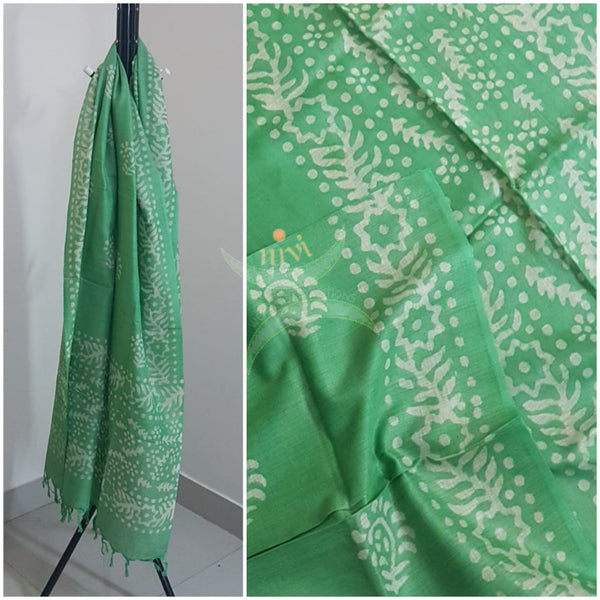 Green hand printed silk batik dupatta