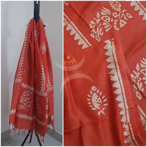 Orange hand printed silk blend  batik dupatta