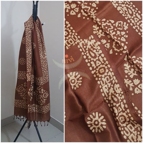 Brown hand printed blend silk batik dupatta
