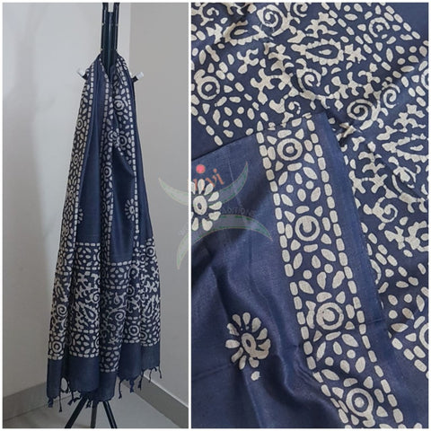 Navy blue hand printed silk blend  batik dupatta