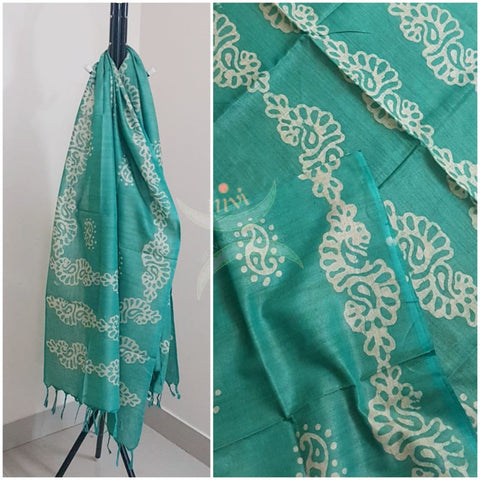 Sea green hand printed silk blend batik dupatta