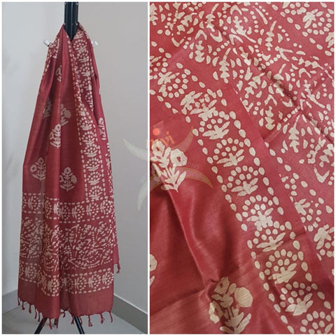 Red hand printed silk blend batik dupatta