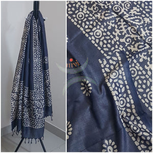 Navy blue hand printed silk blend batik dupatta