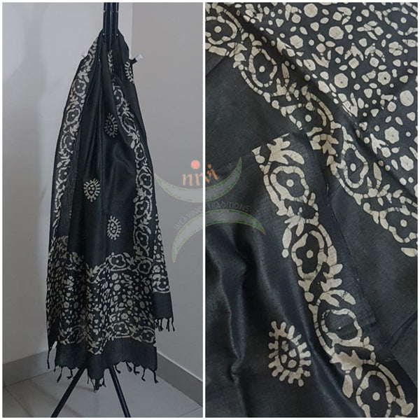 Black hand printed silk blend batik dupatta