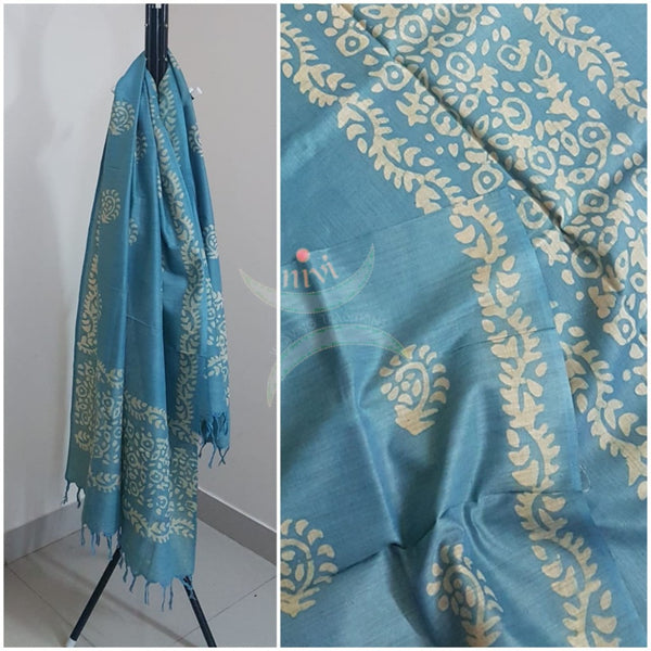 Blue hand printed silk blend batik dupatta