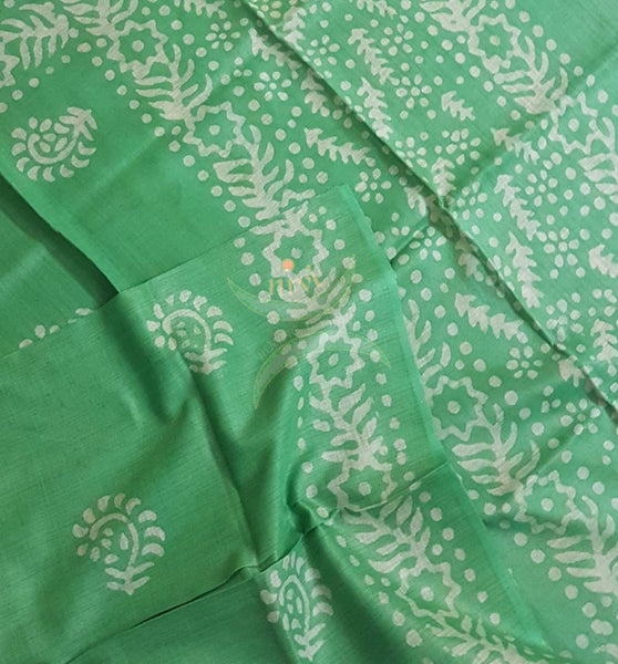 Green hand printed silk batik dupatta