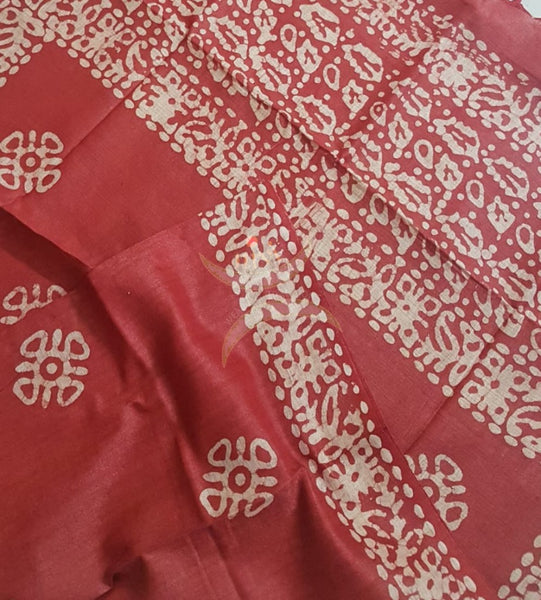 Red hand printed silk blend batik dupatta