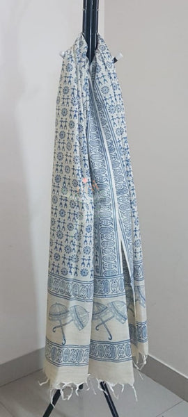 Beige and blue combination silk blend dupatta with block printed floral motifs