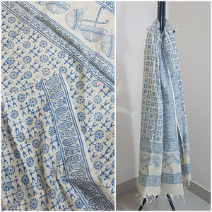 Beige and blue combination silk blend dupatta with block printed floral motifs