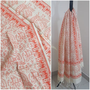 Beige and red combination silk blend dupatta with block printed warli motifs
