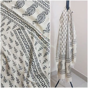 Beige and black combination silk blend dupatta with block printed floral motifs