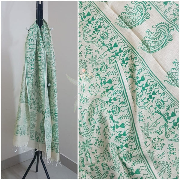 Beige and green combination silk blend dupatta with block printed warli motifs