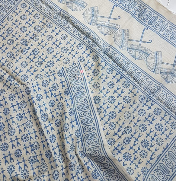 Beige and blue combination silk blend dupatta with block printed floral motifs