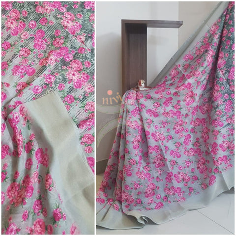 Digital printed linen blended Saree with contrasting blouse.
