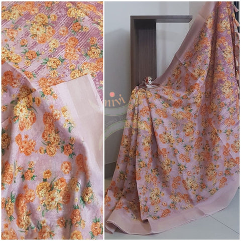 Digital printed linen blended Saree with contrasting blouse.