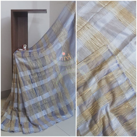 Grey Cotton organza geecha handloom Saree