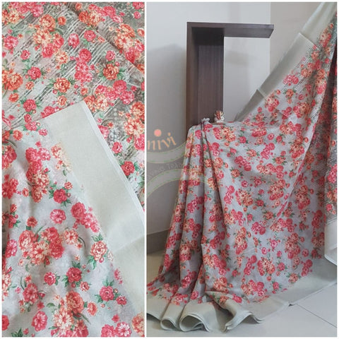 Digital printed linen blended Saree with contrasting blouse.