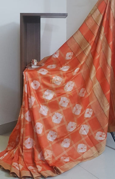 Orange Bandini handprinted Cotton geecha handloom Saree