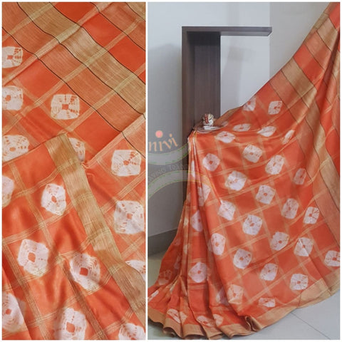 Orange Bandini handprinted Cotton geecha handloom Saree