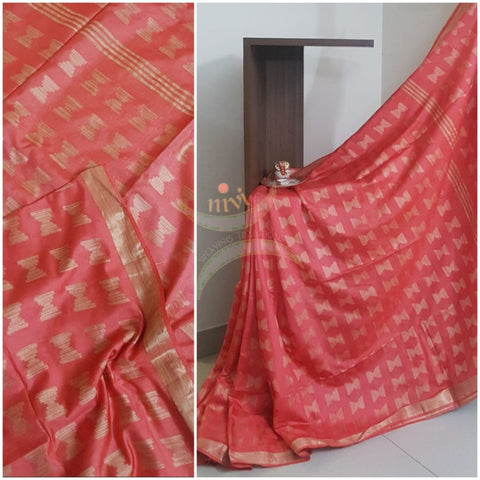 Peach Bengal handloom cotton saree.