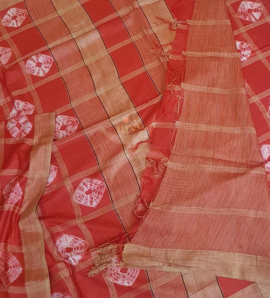 Red Bandini handprinted Cotton geecha handloom Saree