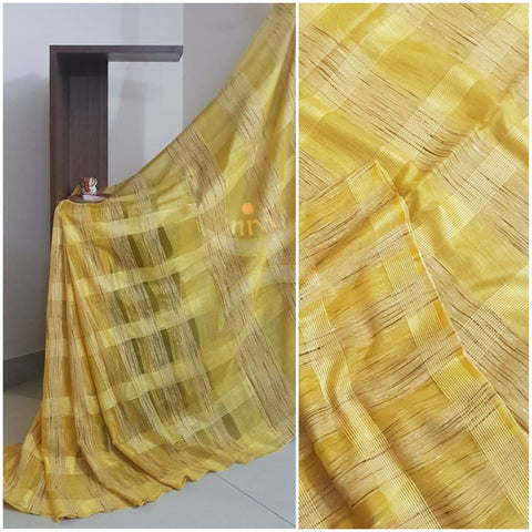 Yellow Cotton organza geecha handloom Saree