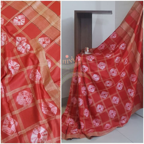 Red Bandini handprinted Cotton geecha handloom Saree