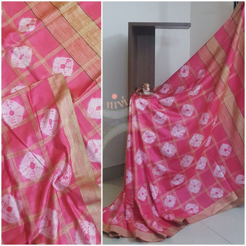 Pink Bandini handprinted Cotton geecha handloom Saree