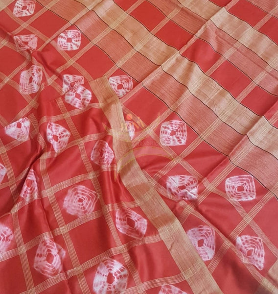 Red Bandini handprinted Cotton geecha handloom Saree