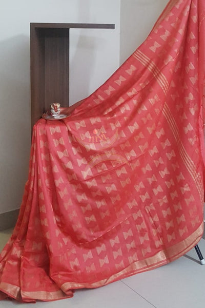 Peach Bengal handloom cotton saree.