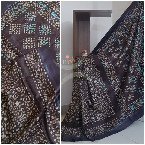 Brown  Handprinted batik linen saree