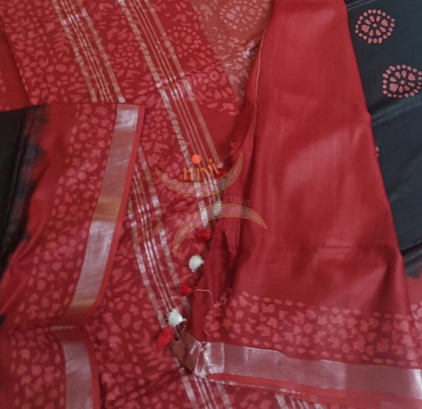 Black with Red Handprinted tie dyed batik linen cotton saree