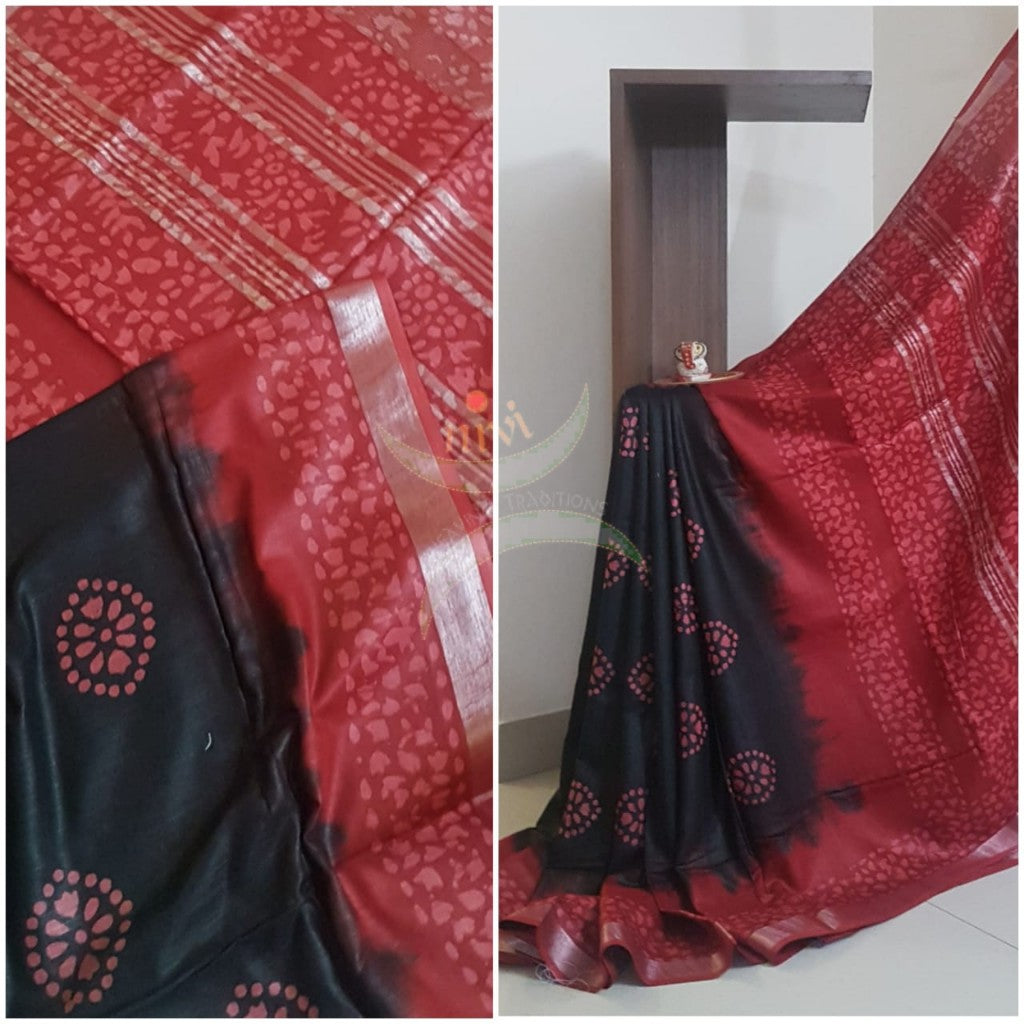 Black with Red Handprinted tie dyed batik linen cotton saree