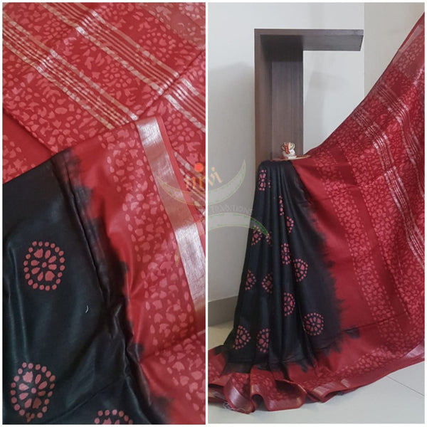 Black with Red Handprinted tie dyed batik linen cotton saree