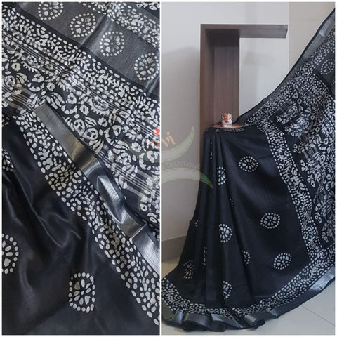 Black Handprinted batik linen cotton saree