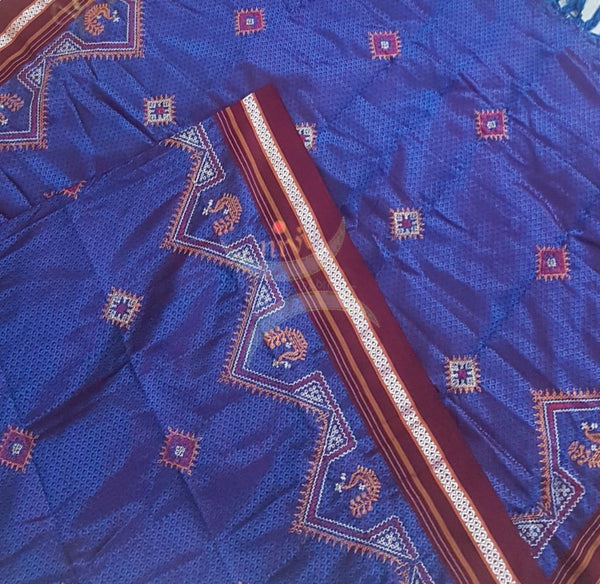 Royal blue khun/Khana dupatta with kasuti embroidery