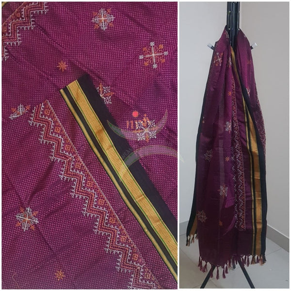 Purple khun/Khana dupatta with kasuti embroidery