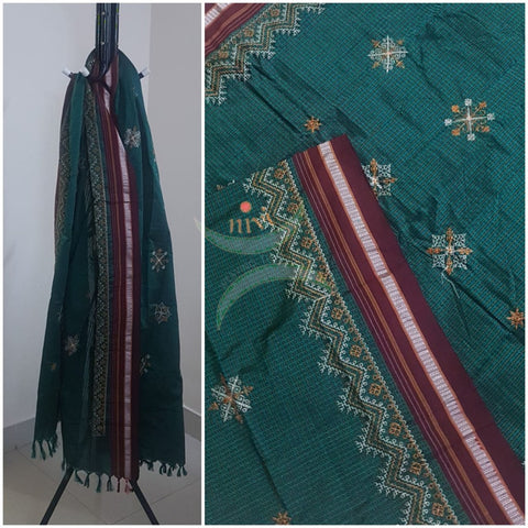 Teal green khun/Khana dupatta with kasuti embroidery