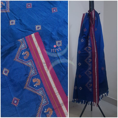 Royal blue khun/Khana dupatta with kasuti embroidery