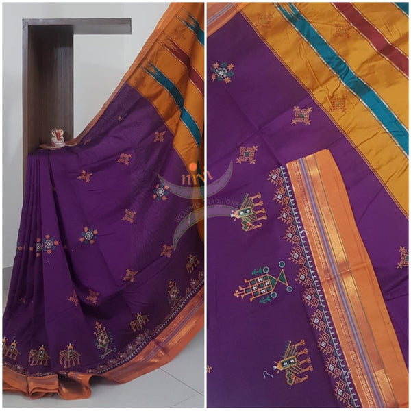 Purple ilkal with kasuti embroidery