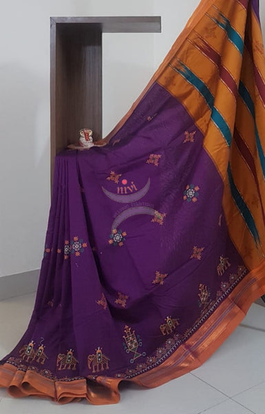 Purple ilkal with kasuti embroidery