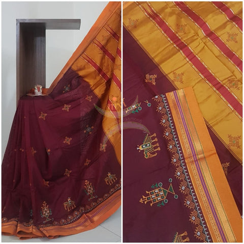 Maroon ilkal with kasuti embroidery