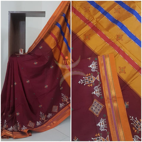 Maroon ilkal with kasuti embroidery