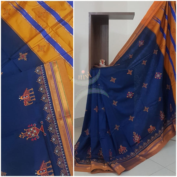 Blue ilkal with kasuti embroidery